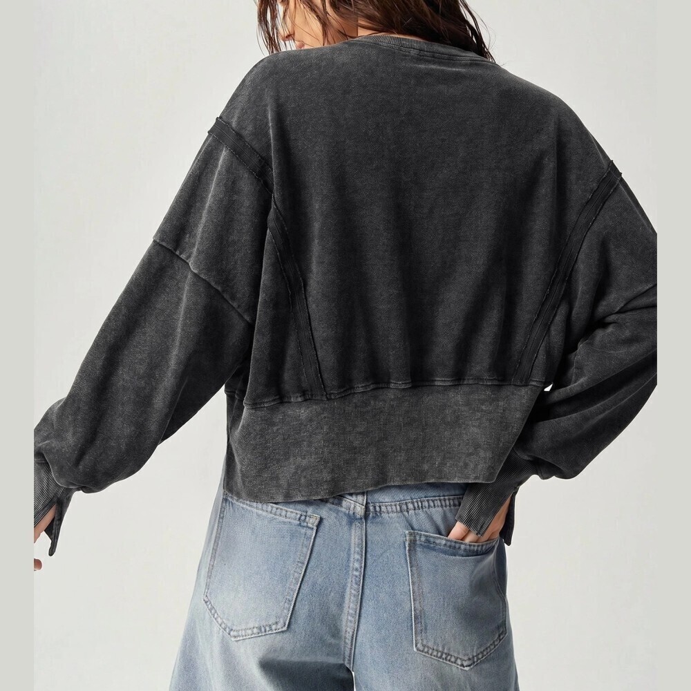 Charcoal Gray Acid Wash Exposed Seam Cropped Oversized Boxy Sweatshirt